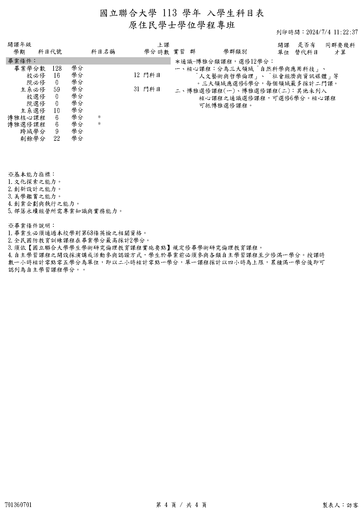 大一科目表